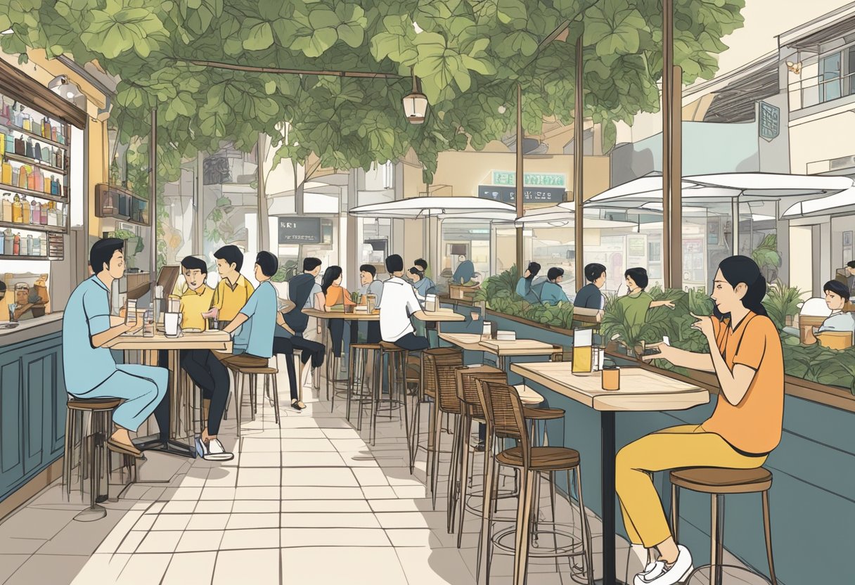A bustling cafe in Singapore, with modern decor and a menu board displaying "Frequently Asked Questions." Customers chat and enjoy their drinks
