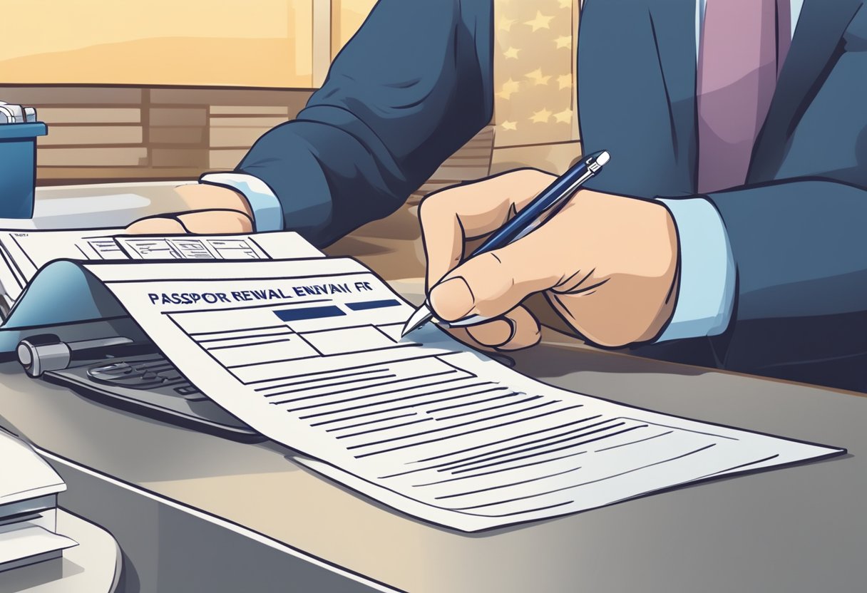 A person filling out a passport renewal form at a government office counter