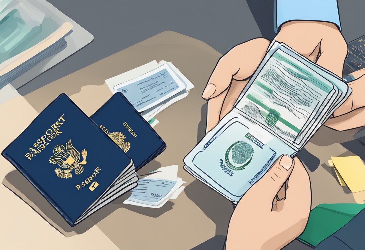 A person handing over their passport and paying fees at a Singapore passport renewal office