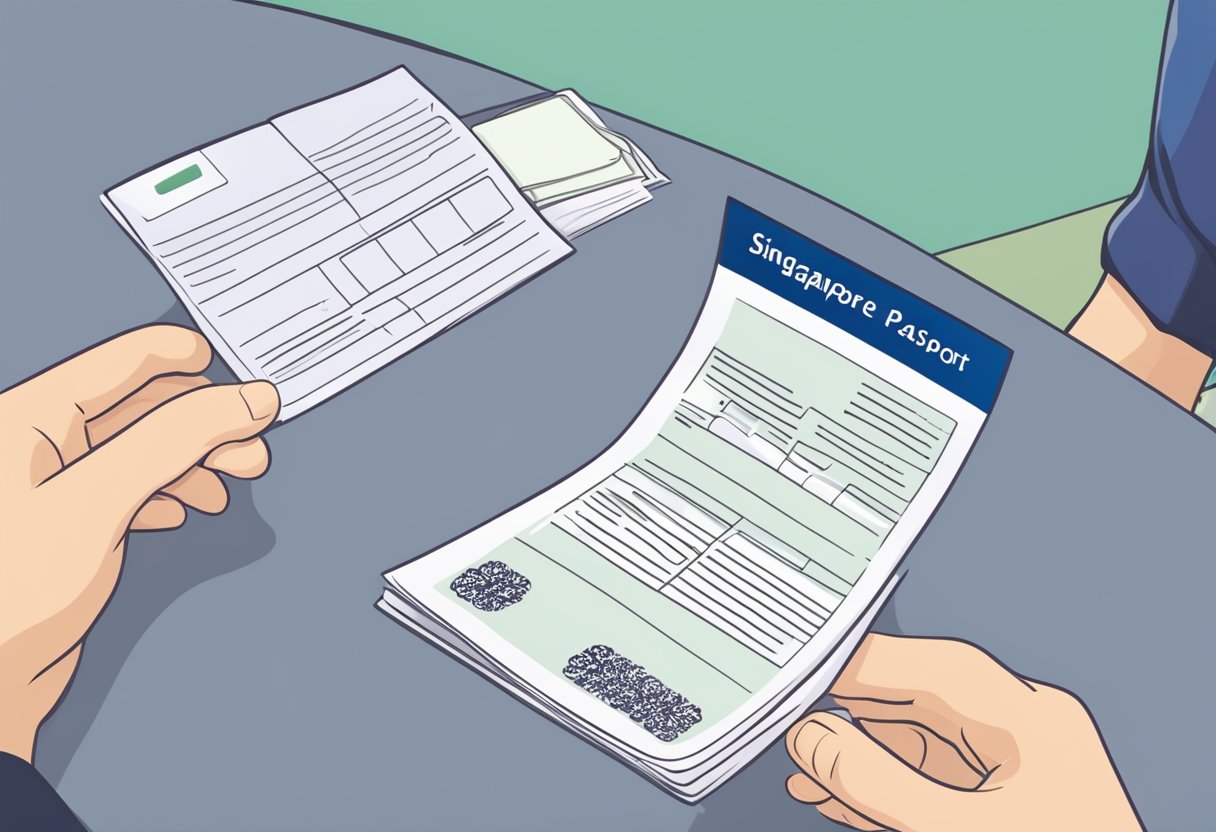 A person holding a Singapore passport and filling out a renewal form at a government office counter