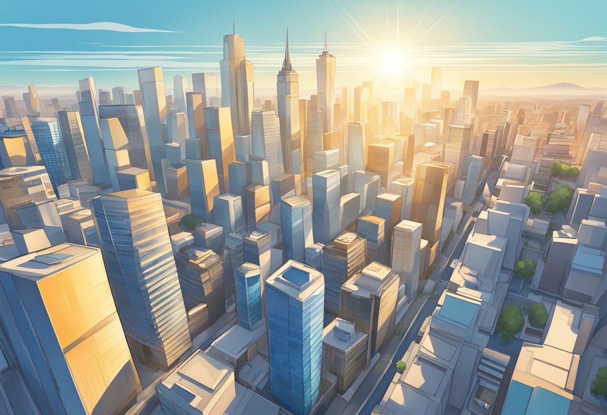 The sun shines brightly over the city skyline, with clear blue skies and a temperature of 30 degrees Celsius