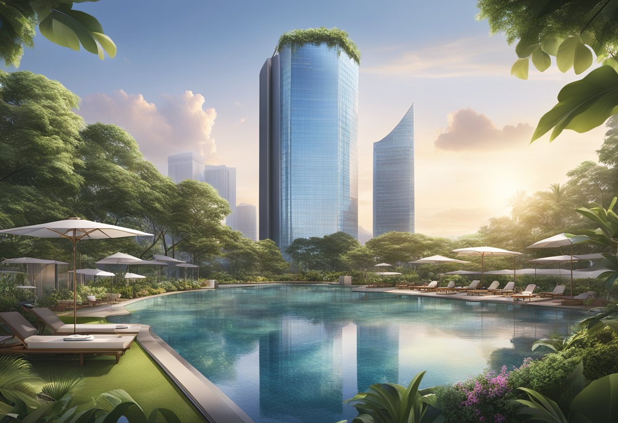 Amara Singapore: A modern hotel towering over the city skyline, surrounded by lush greenery and a sparkling pool