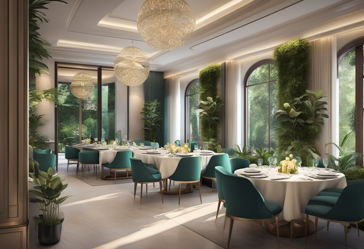 A luxurious dining area with modern decor and comfortable seating, surrounded by lush greenery and soft lighting