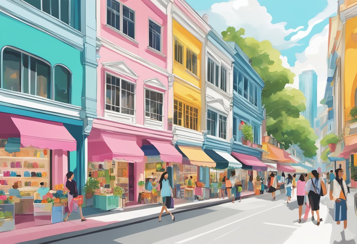 Vibrant storefronts line a bustling Singapore street, showcasing Iora's latest fashion trends in bold colors and modern designs