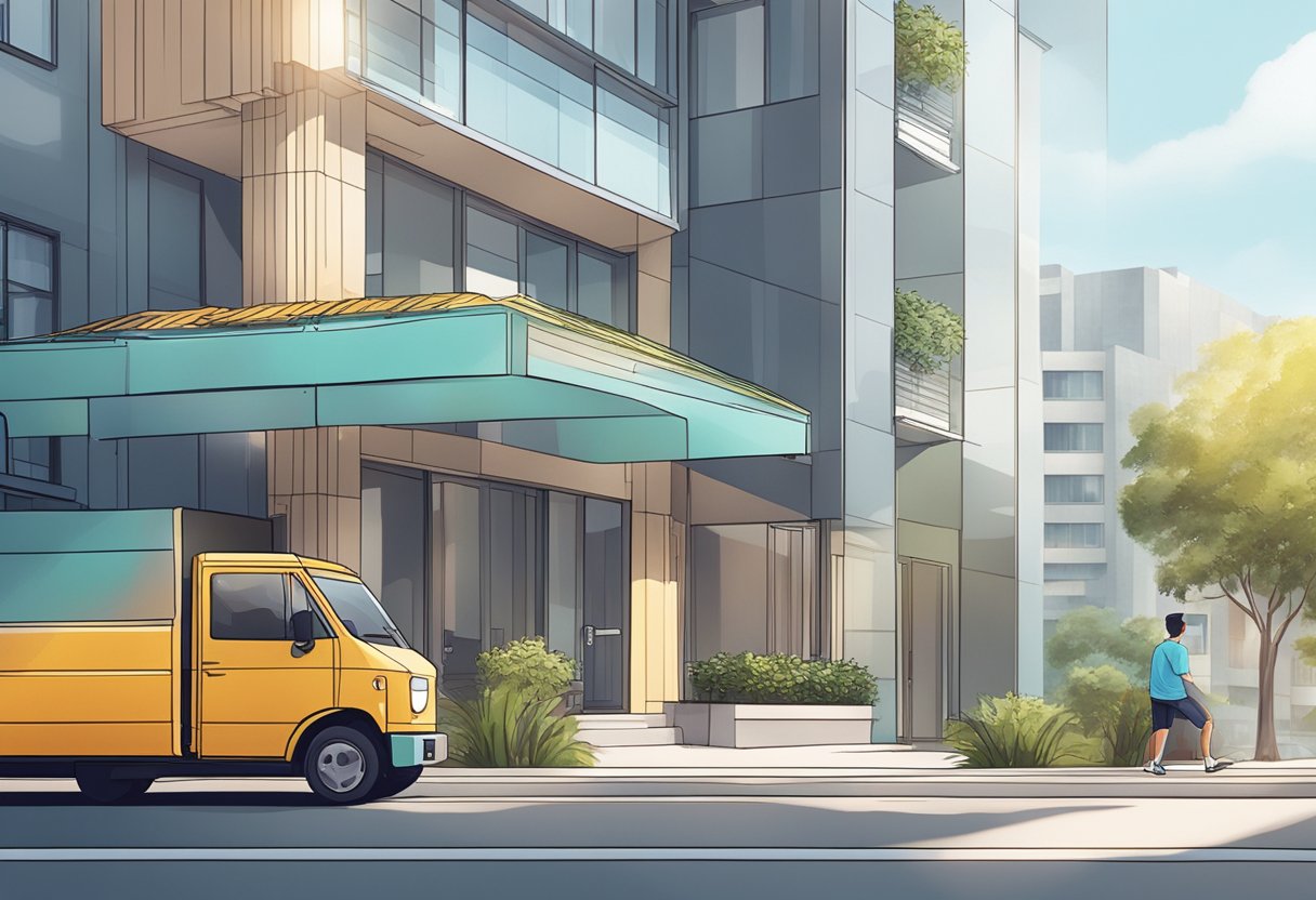 A customer's hand clicks "Add to Cart" on the iora Singapore website. A delivery truck waits outside a modern apartment building