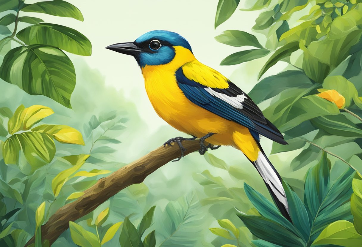 A colorful iora bird perched on a branch, surrounded by lush green foliage, with a "Frequently Asked Questions" sign in the background