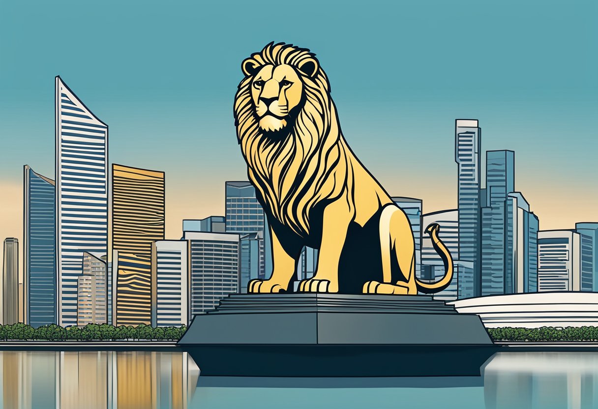 A lion statue stands proudly in front of a modern city skyline, with the iconic Marina Bay Sands in the background