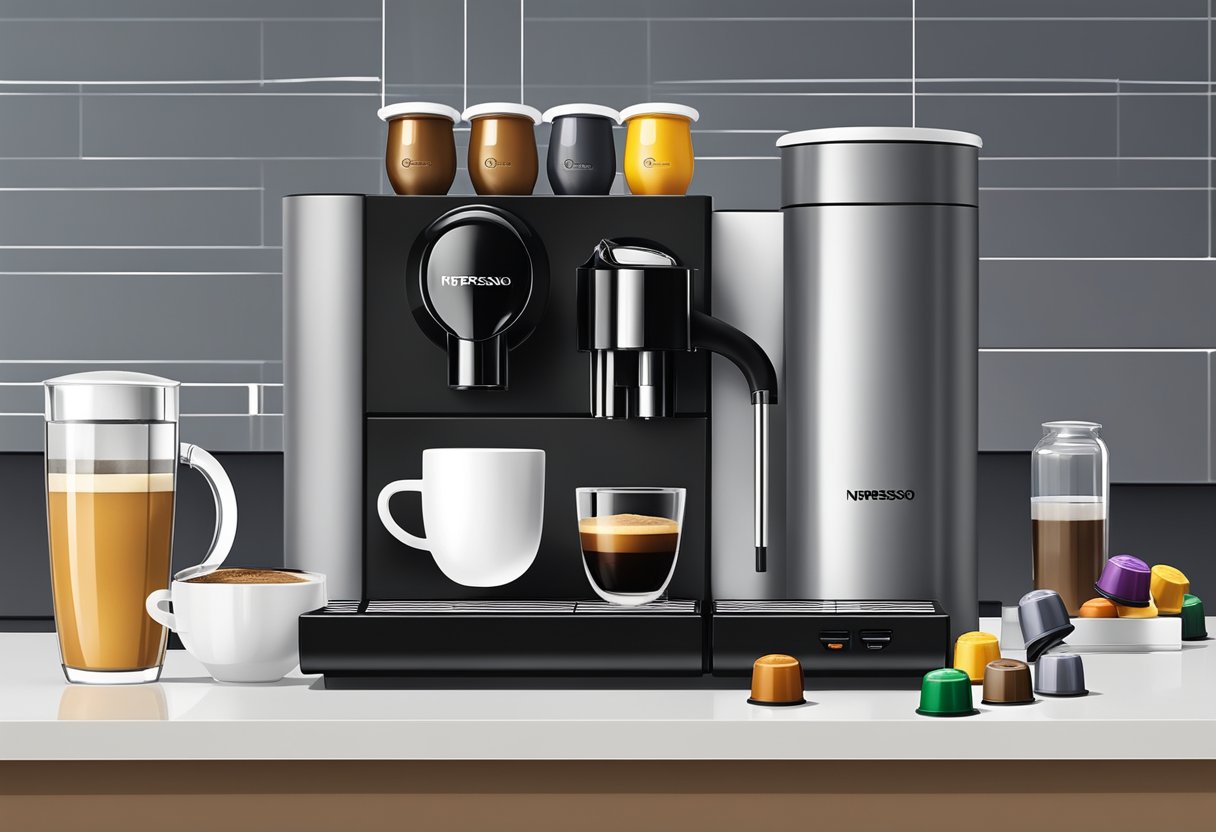 A sleek Nespresso machine sits on a clean, modern kitchen counter, surrounded by a variety of colorful coffee capsules and a steaming cup of freshly brewed coffee