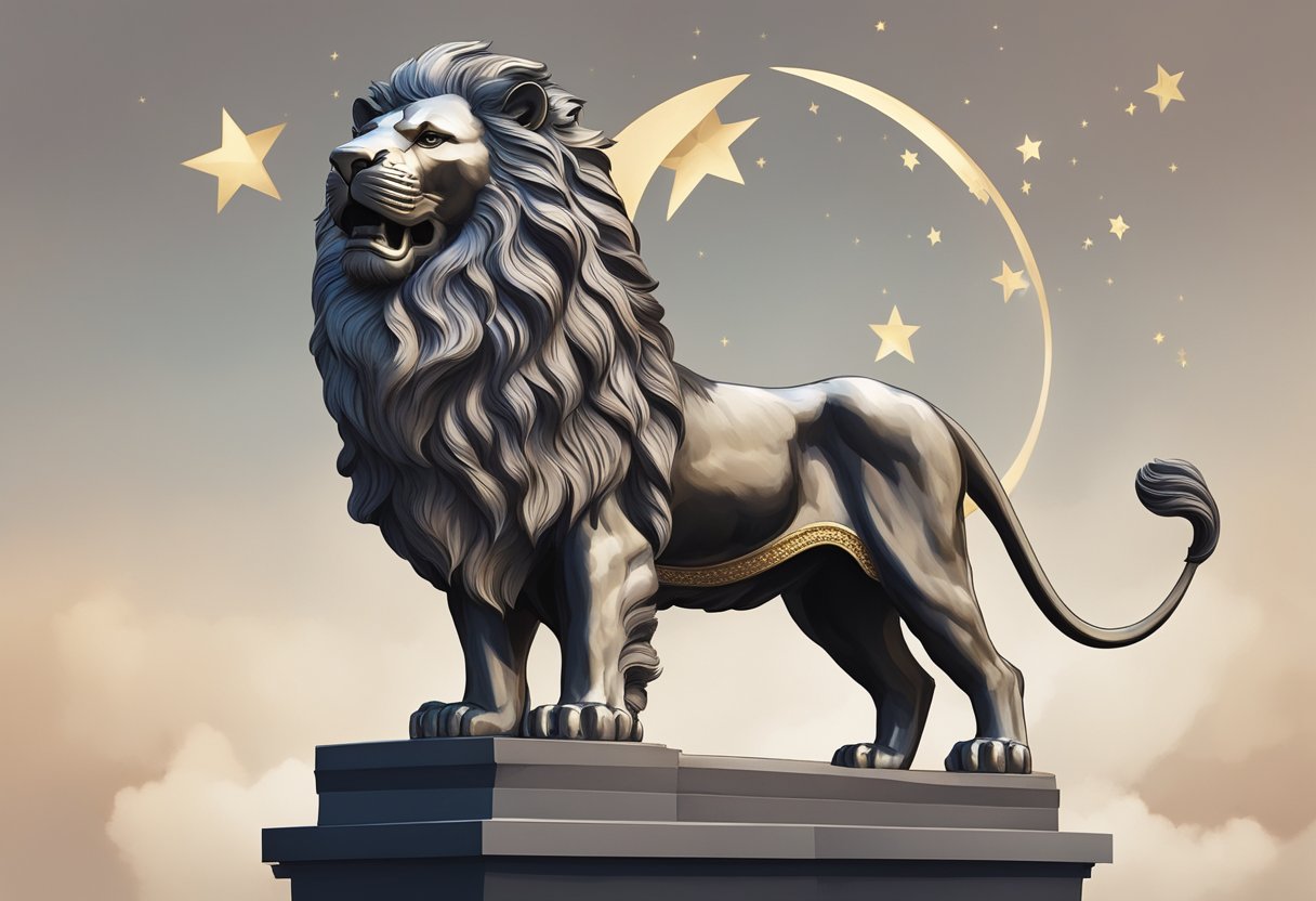 A lion statue stands tall, framed by a crescent and five stars, representing Singapore's strength and unity