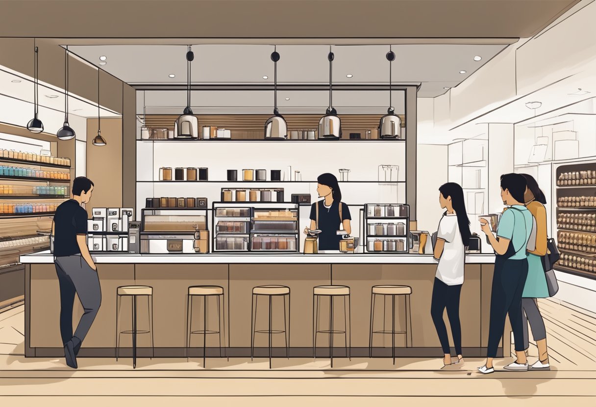 A modern Nespresso store in Singapore, with sleek coffee machines on display, customers sampling coffee, and staff assisting with purchases