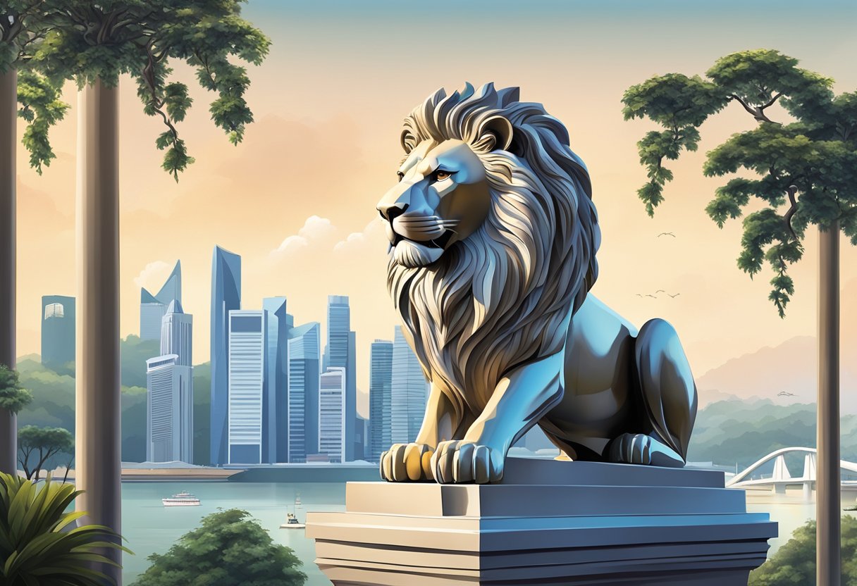 A majestic lion statue stands tall against a backdrop of iconic Singapore landmarks, symbolizing the city-state's rich historical and cultural significance