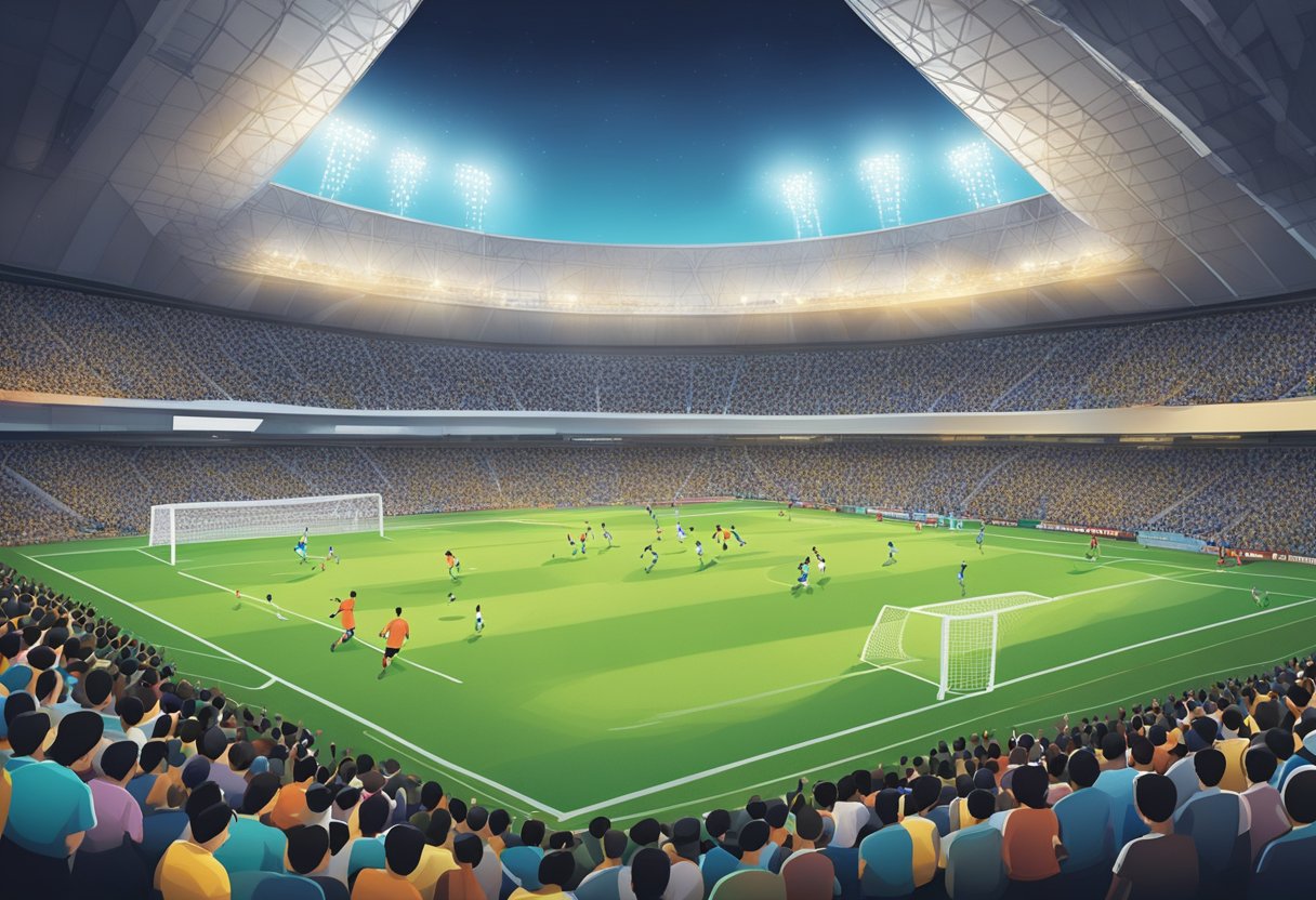 A soccer ball flies across the field as players race towards the goal in the Singapore Premier League. The stadium is packed with enthusiastic fans cheering on their favorite teams