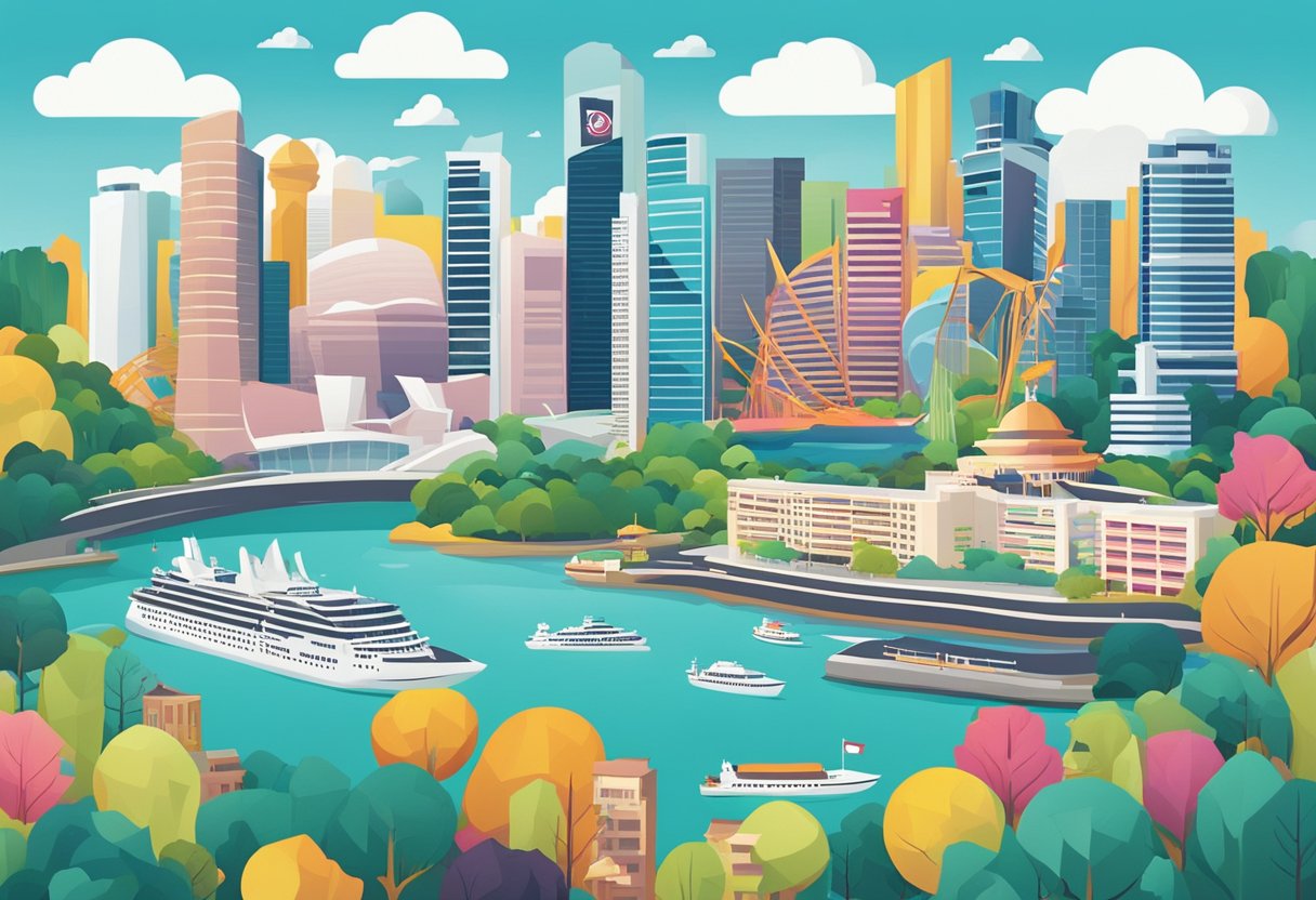 The Singapore logo, frequently asked questions, surrounded by vibrant cityscape and iconic landmarks