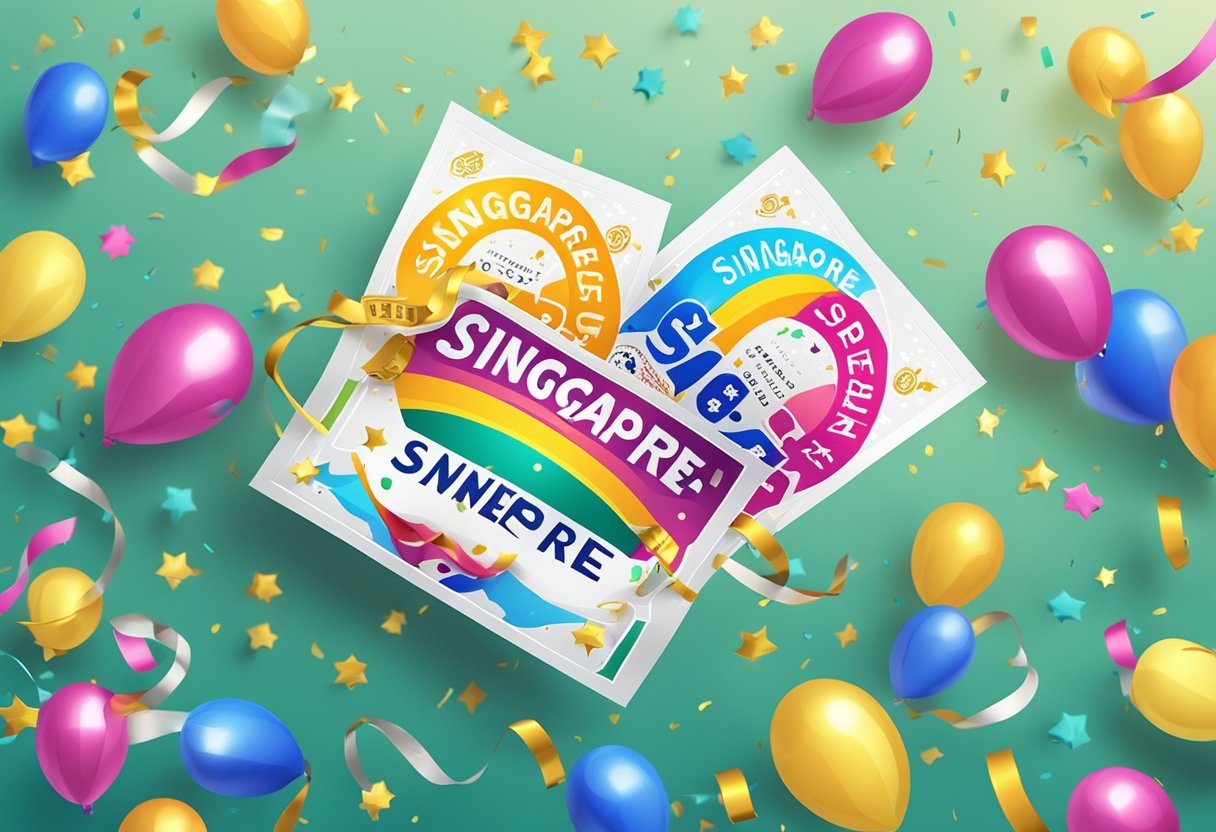 A colorful lottery ticket with "Singapore Sweep Prize" displayed, surrounded by confetti and streamers