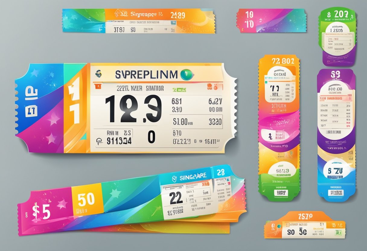 A colorful Singapore Sweep ticket with winning numbers and prize amount displayed