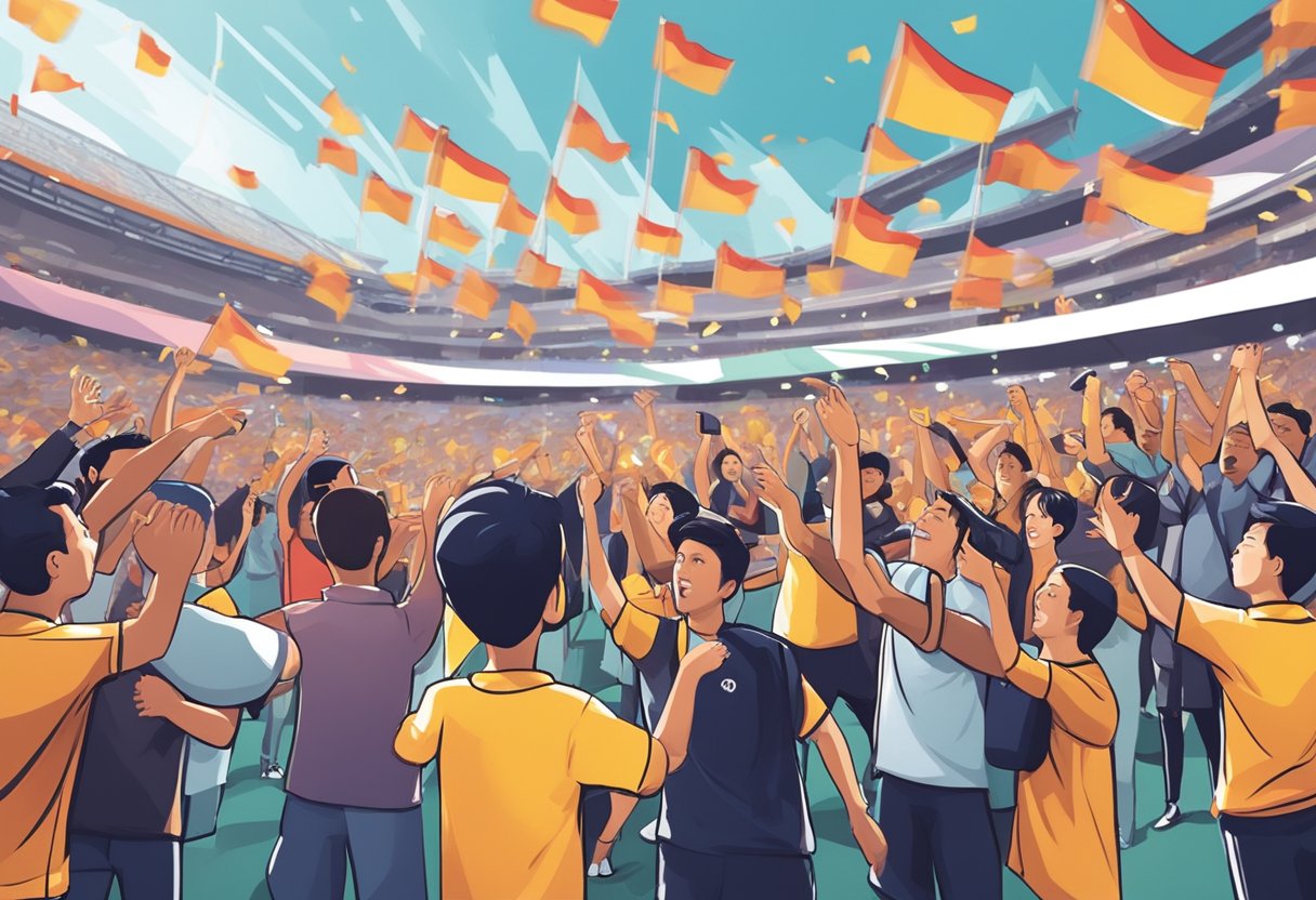Fans cheer as media captures the excitement of Singapore Premier League match. Banners wave, cameras click, and players bask in the spotlight
