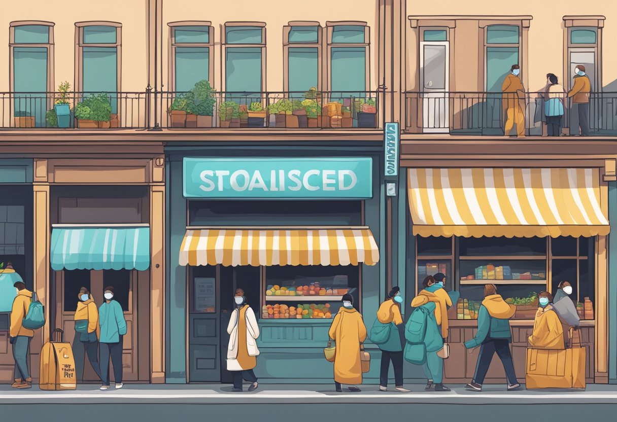 Empty streets with closed shops, masked figures lining up outside grocery stores, and signs reminding people to maintain social distancing