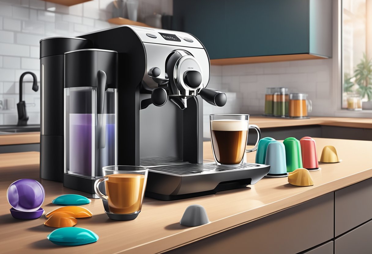 A sleek Nespresso machine sits on a modern kitchen counter, surrounded by a variety of colorful coffee capsules and a steaming cup of espresso