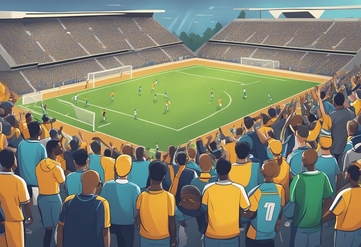 Players scoring goals in a crowded stadium, fans cheering and waving flags, coaches giving instructions on the sidelines