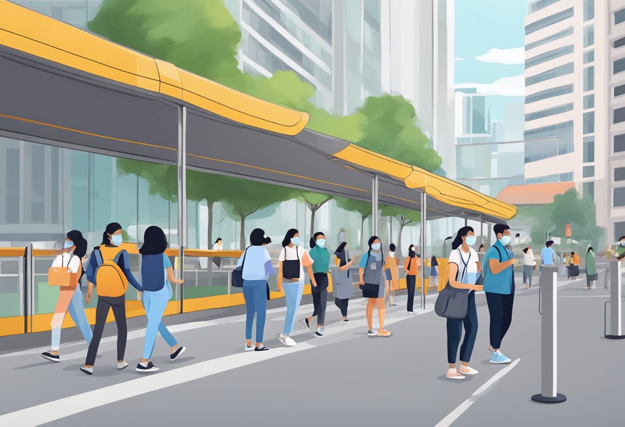 People wearing masks, maintaining distance, and following safety measures in public spaces during heightened alert phase 2 in Singapore