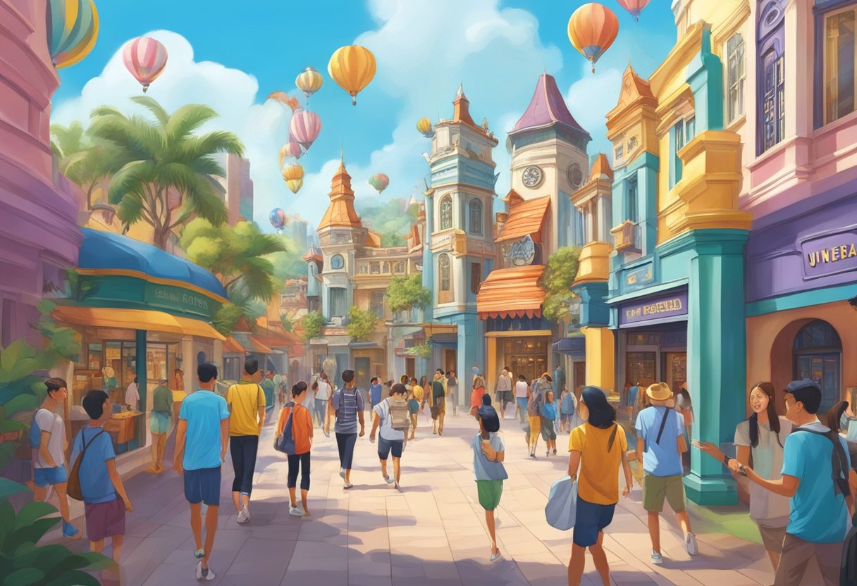 People walking through themed zones, colorful attractions, and elaborate sets at Universal Studios Singapore