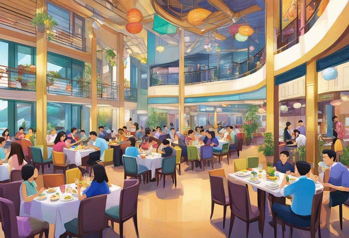 Colorful dining tables and chairs fill the vibrant entertainment area of USS Singapore, with a variety of international cuisines being served to happy guests