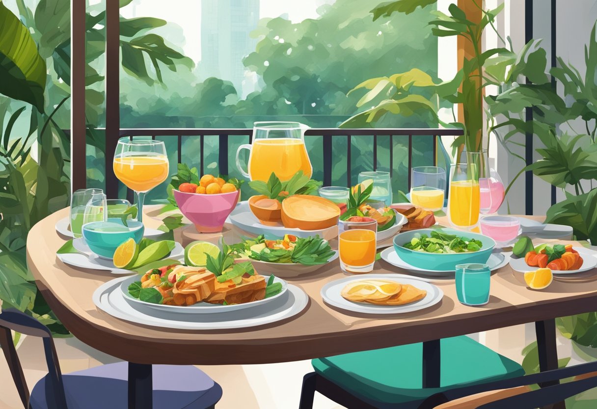 A table set with colorful dishes and drinks, surrounded by lush greenery and modern architecture, captures the vibrant atmosphere of a brunch in Singapore