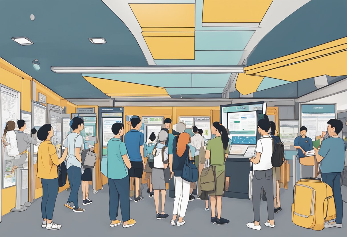 Visitors gather around information kiosks at USS Singapore, reading and pointing at Frequently Asked Questions signs