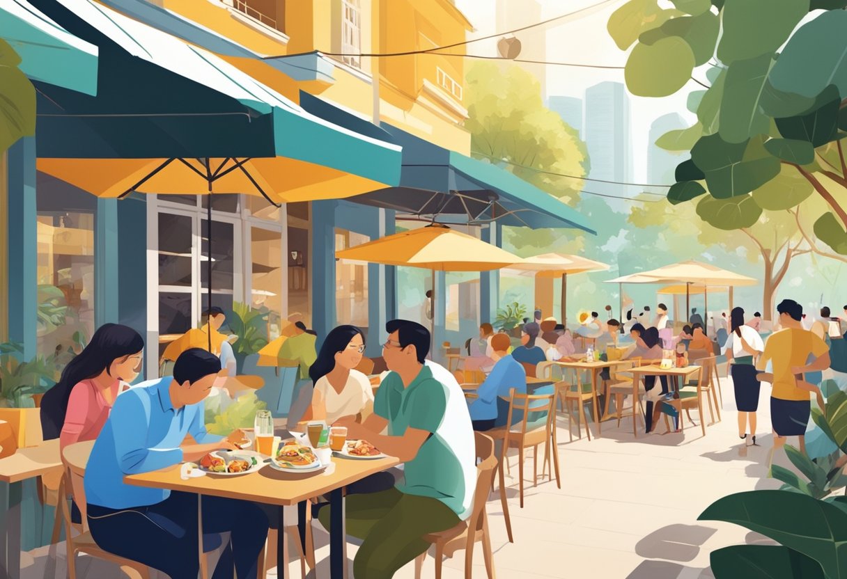 People enjoying various brunch dishes at outdoor cafes in Singapore. Sunlight illuminates the colorful plates and bustling atmosphere