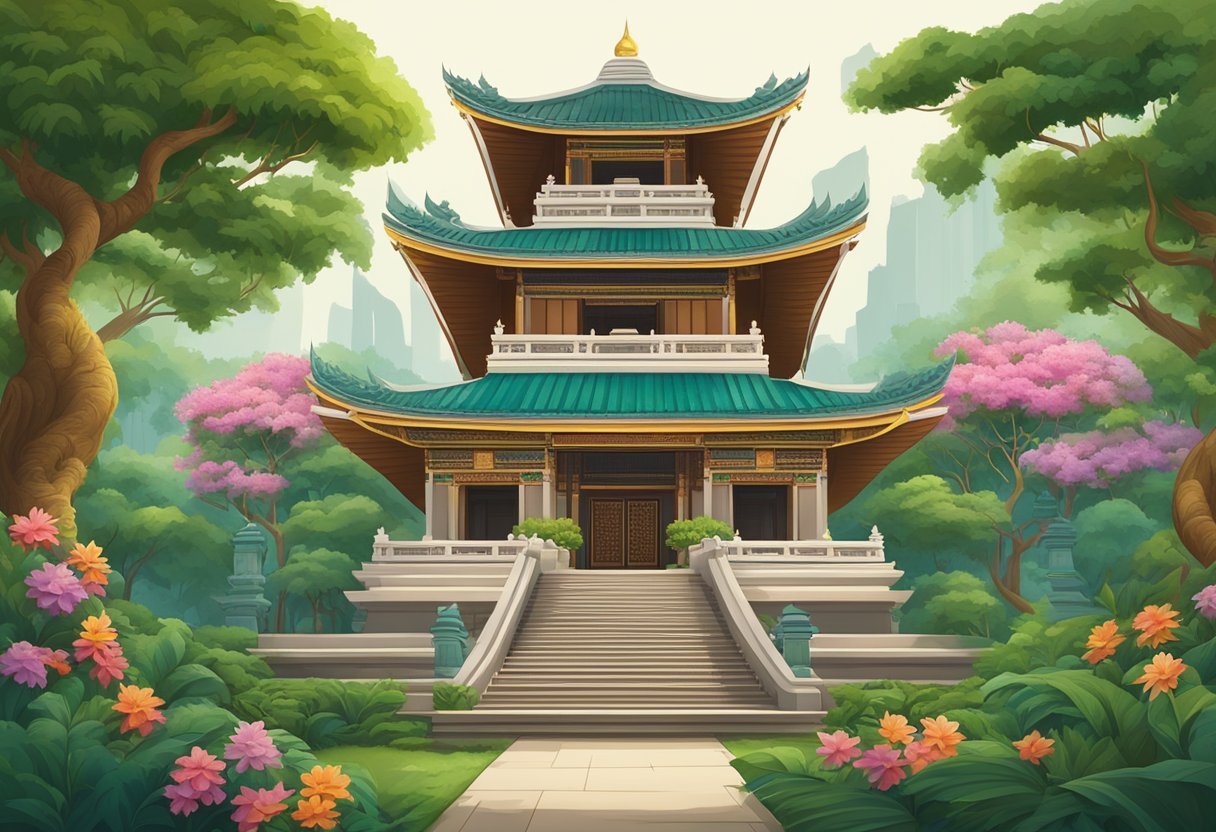 A Buddhist temple in Singapore, adorned with intricate carvings and colorful decorations, stands peacefully amidst lush greenery