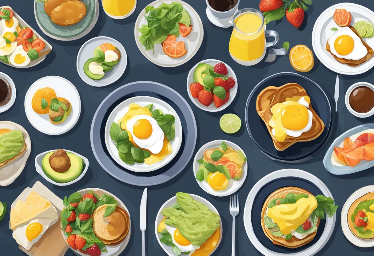 A table set with a variety of brunch dishes, including eggs benedict, avocado toast, pancakes, and fruit platters, with a backdrop of a bustling and lively brunch atmosphere in Singapore
