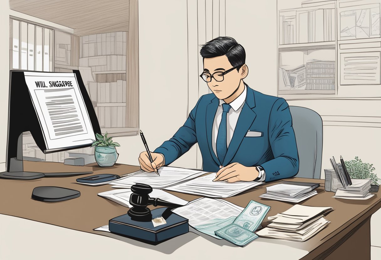 A person seated at a desk, pen in hand, surrounded by legal documents and a notary stamp, with a sign reading "Will Writing Singapore."