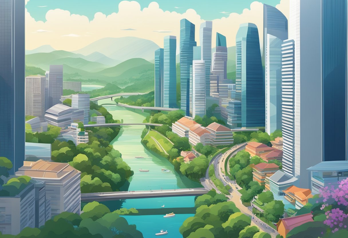 A bustling cityscape with modern skyscrapers, lush greenery, and a river flowing through the center, capturing the vibrant energy of Singapore's capital in the springtime