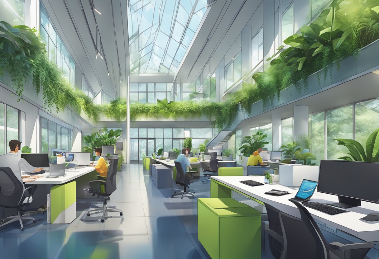 A modern, vibrant workspace with sleek, futuristic architecture and lush greenery, bustling with activity and energy