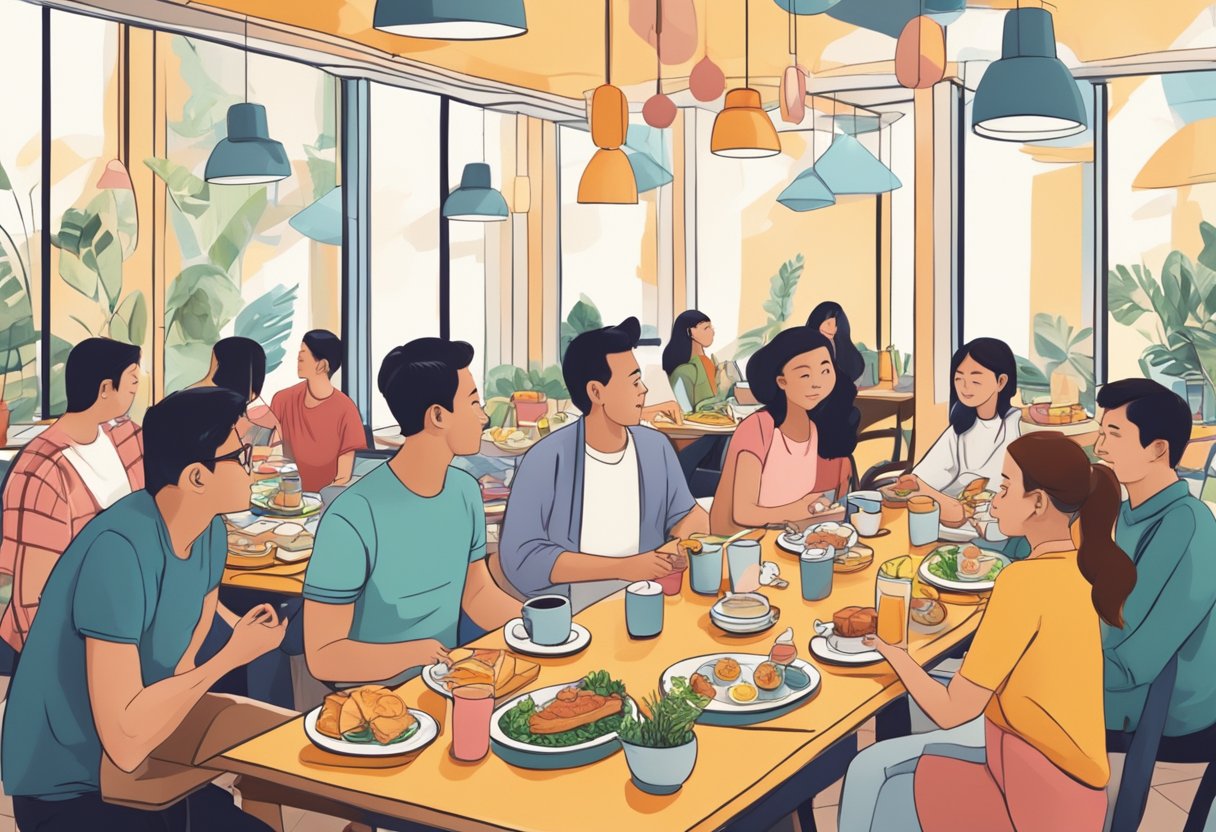 A table set with brunch items, surrounded by people asking questions, in a bright and lively Singaporean cafe