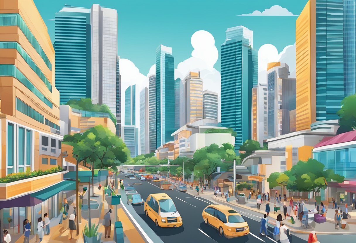 A bustling cityscape with modern skyscrapers and vibrant street life in Singapore