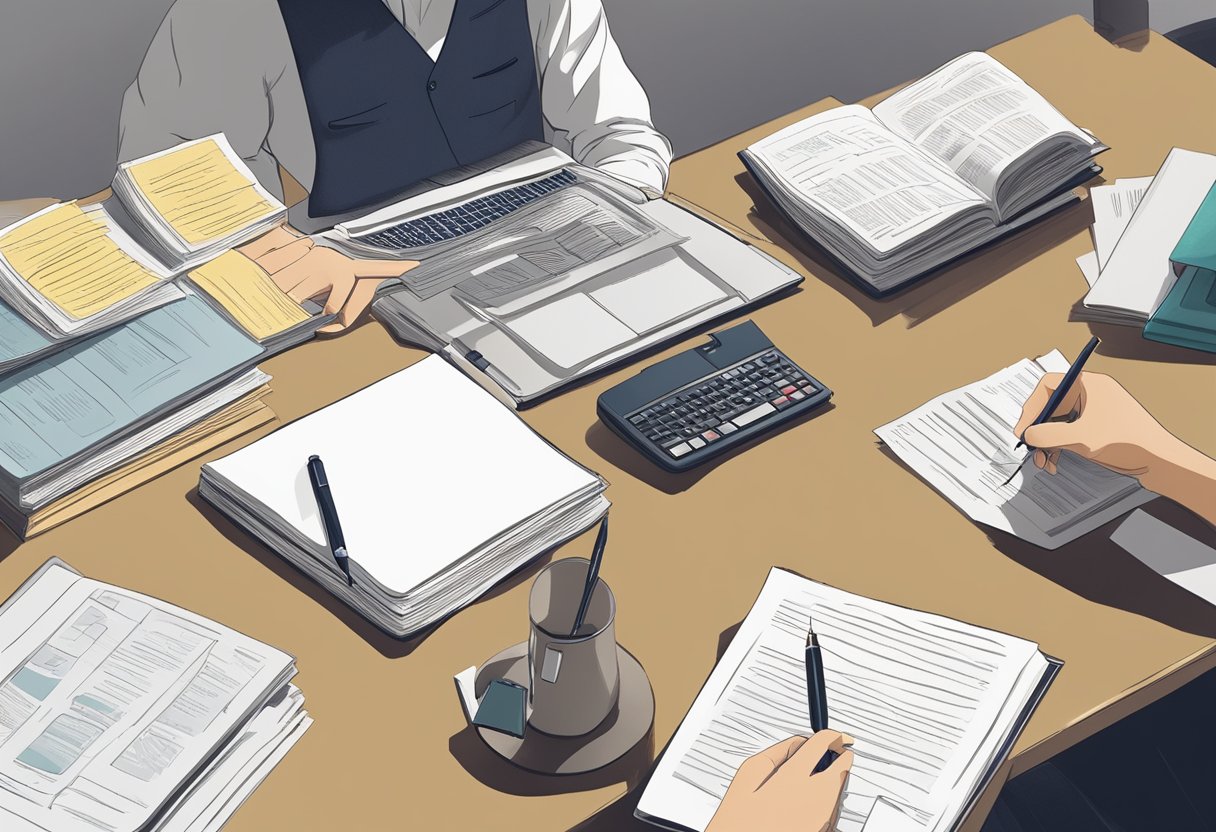 A person sitting at a desk with a pen and paper, surrounded by legal documents and a book on will writing in Singapore