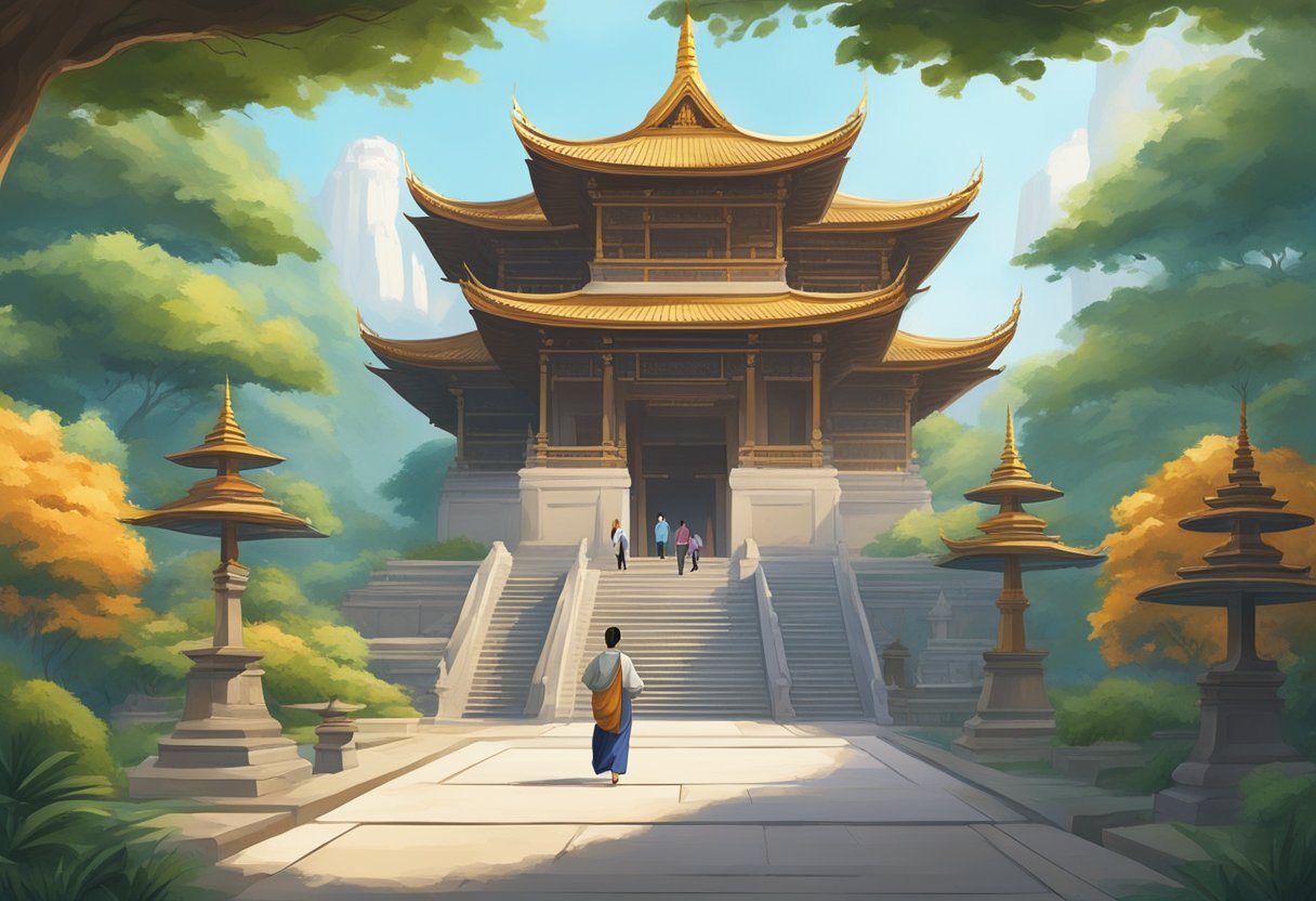 People walking around a serene Buddhist temple, with intricate architecture and lush greenery, incense burning, and a sense of peace and tranquility