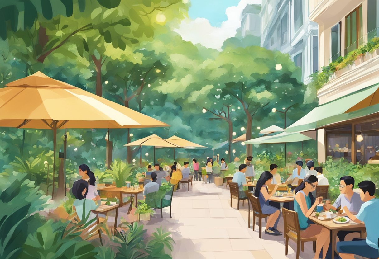 People enjoying outdoor activities, dining at cafes, and strolling through lush greenery at CapitaSpring in Singapore