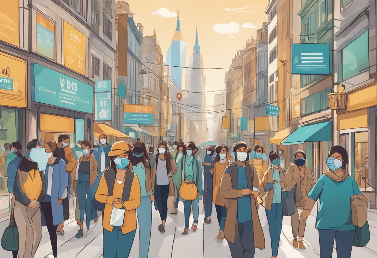 A bustling city street with people wearing masks, showing vaccination passes, and adhering to safe distancing measures. Signs and posters promoting vaccination and VDS are prominently displayed