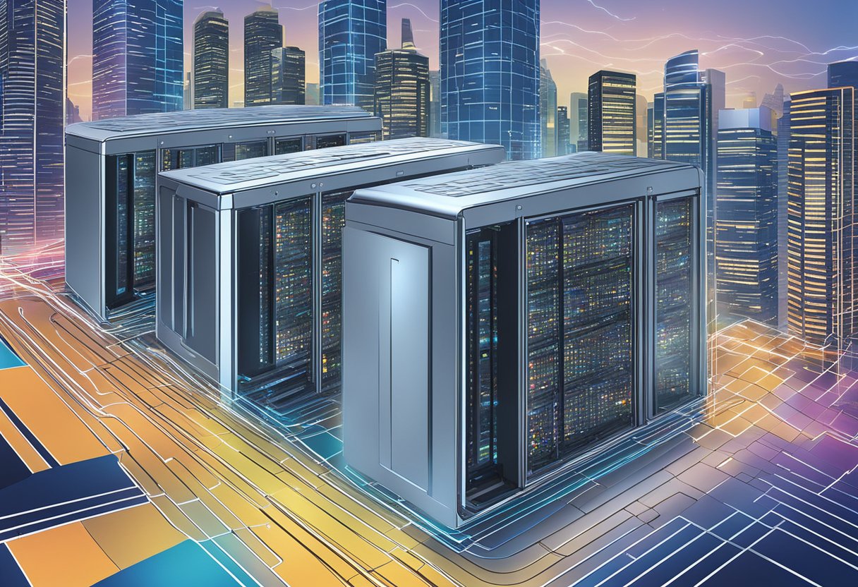 A computer server surrounded by digital data streams, with the skyline of Singapore in the background