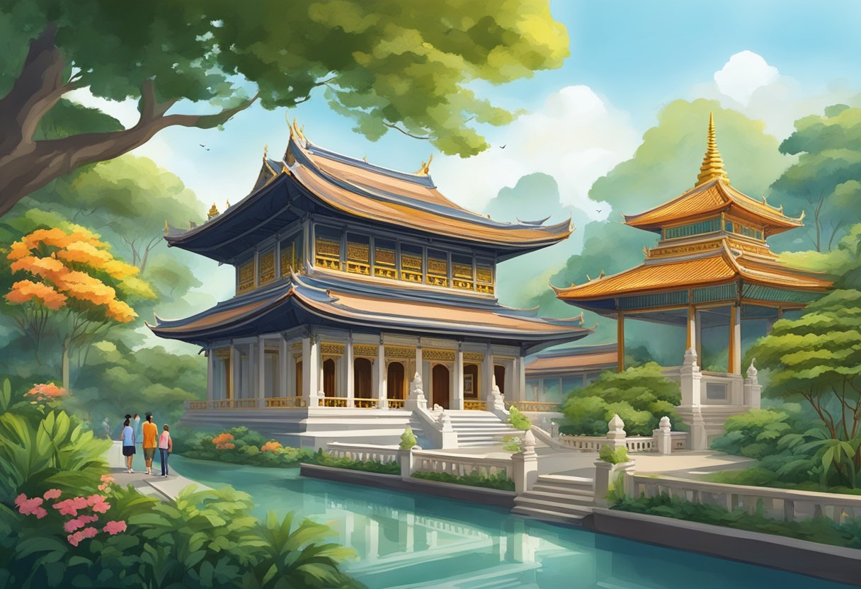 A serene buddhist temple in Singapore, with intricate architecture and lush gardens, surrounded by visitors seeking spiritual guidance