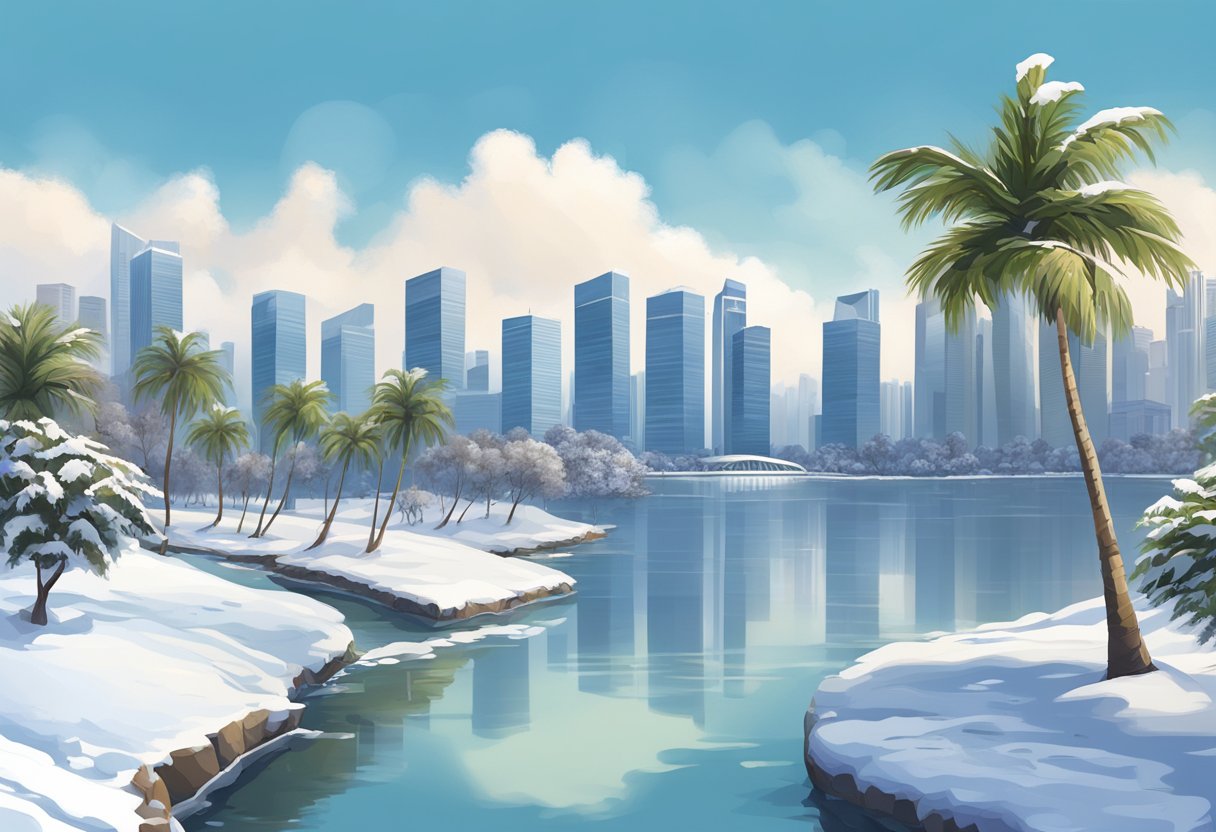 Snow-covered palm trees, a clear blue sky, and a calm river winding through the cityscape of Singapore in winter