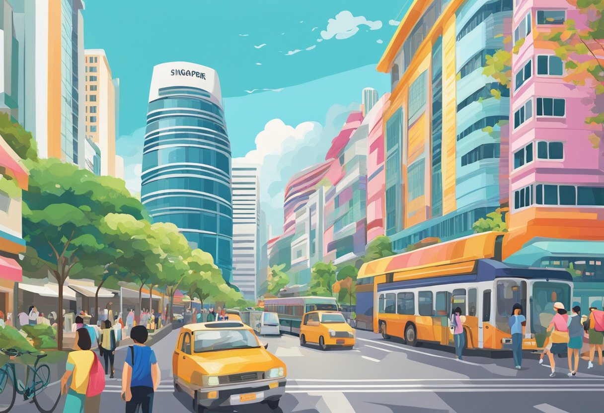 The bustling city of Singapore is captured in the background, with the iconic Capital Spring building prominently displayed in the center. The vibrant colors and modern architecture create a lively and dynamic scene