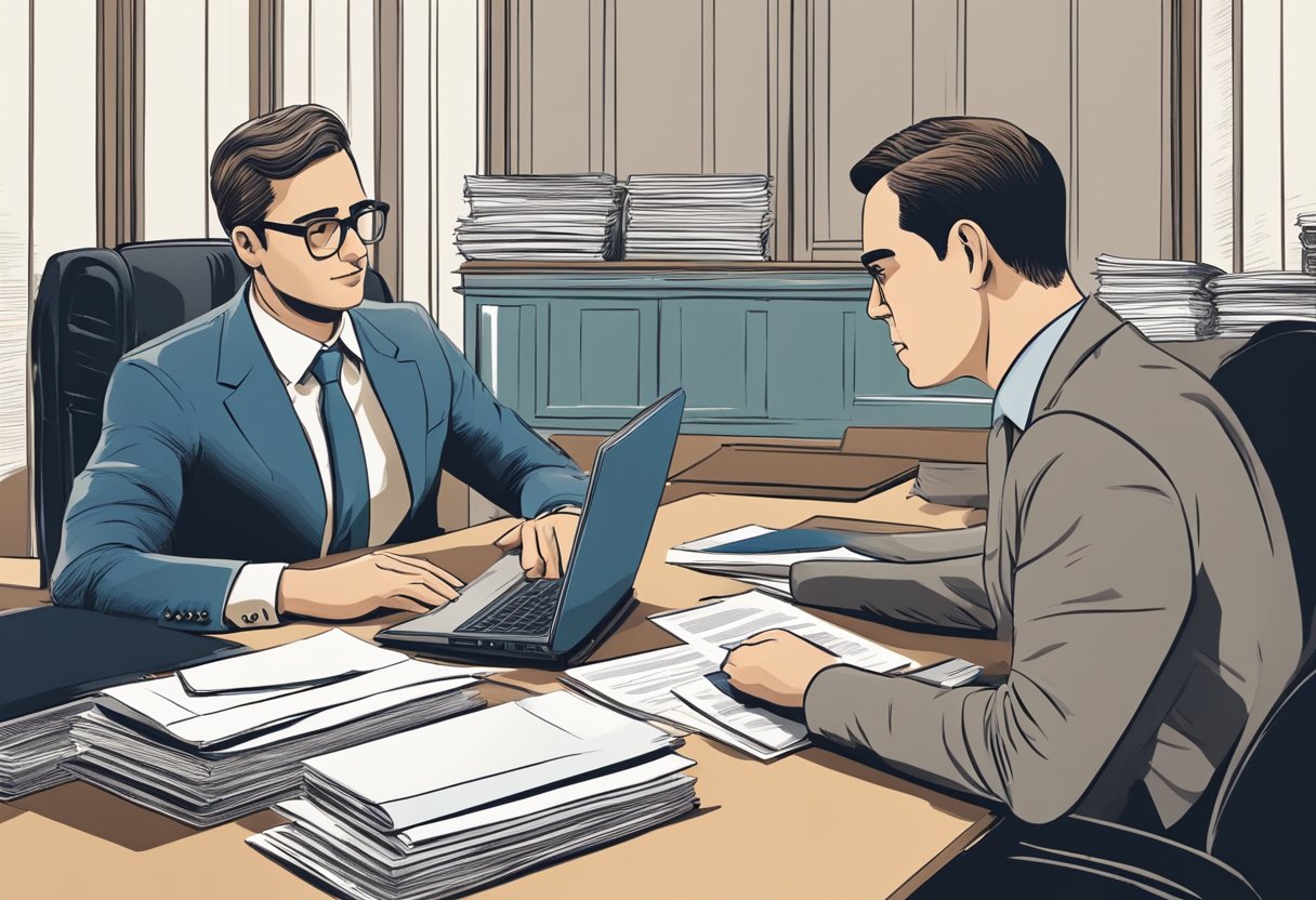 A person sitting at a desk, surrounded by legal documents and a laptop, while discussing estate planning considerations with a lawyer