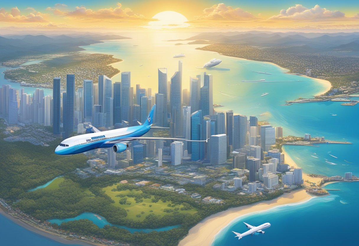 A plane flies over the sparkling blue waters from Singapore to the golden beaches of the Gold Coast. The city skyline fades into the distance as the aircraft approaches the stunning Australian coastline