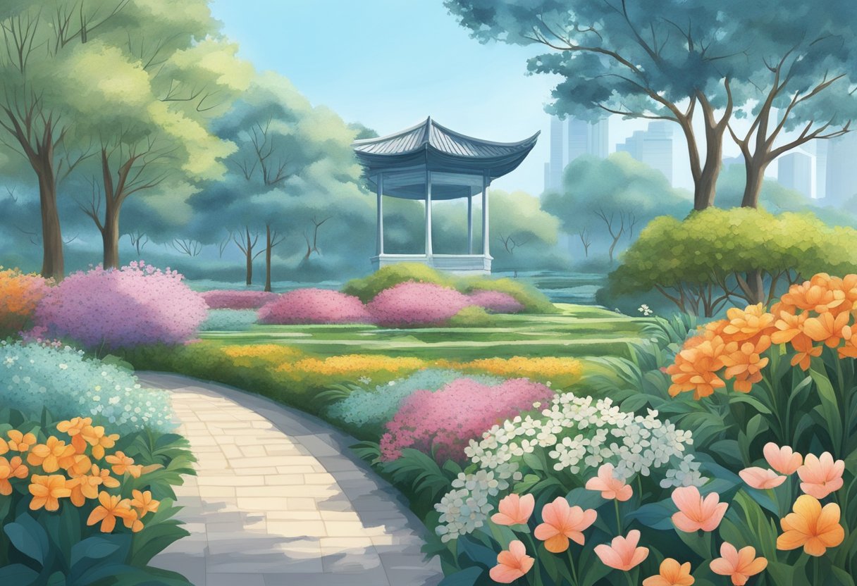 A serene garden with blooming flowers, a clear blue sky, and a gentle breeze, with no snow or frost, depicting winter in Singapore