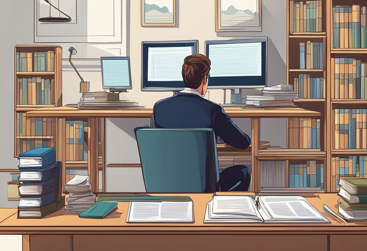 A desk with a computer, legal documents, and a pen. A person sitting, looking at the screen. A bookshelf with law books in the background