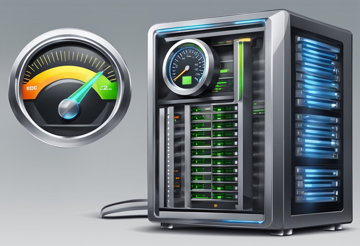 A computer server with a shield and speedometer, symbolizing enhanced performance and security for a website