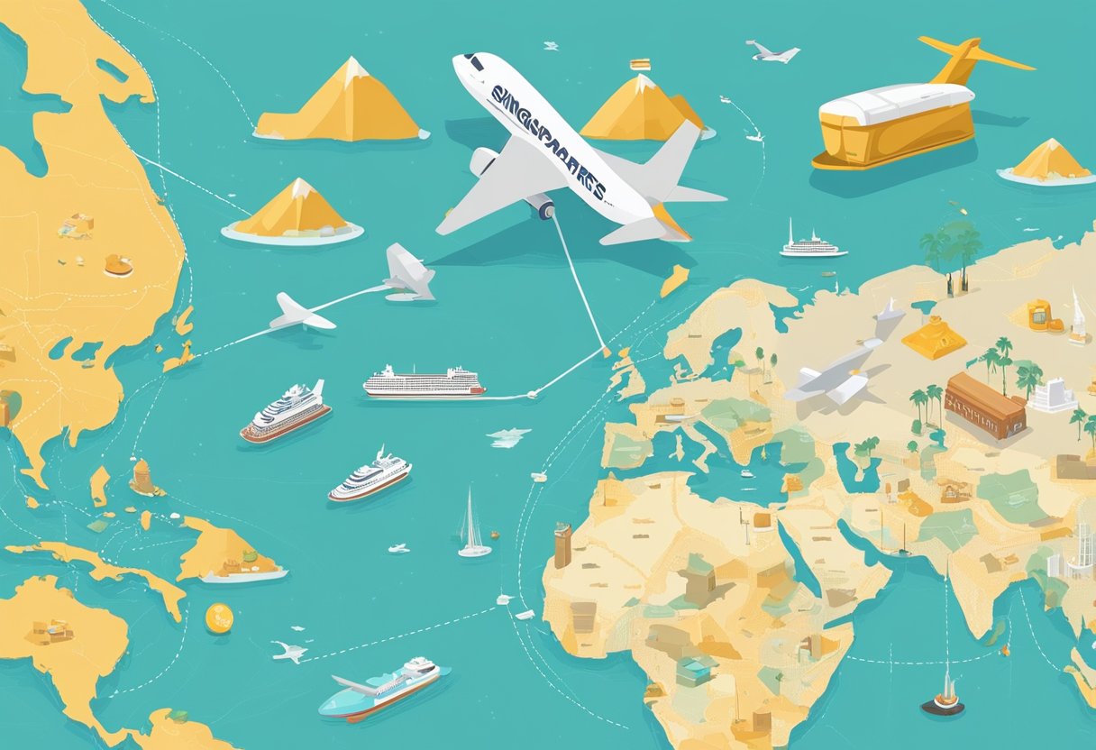 A map of Singapore and Gold Coast with a dotted line showing the travel route. Icons of a plane, suitcase, and passport are scattered around the map